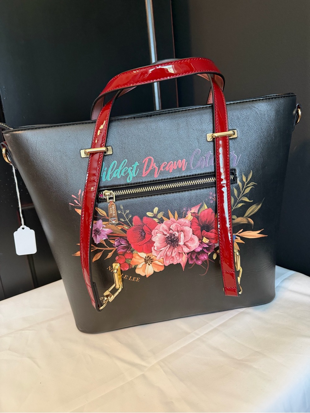 Nicole Lee Black Tote with Red Patent Handles and BOHO Floral Dreamcatcher. NEW - Picture 3 of 12